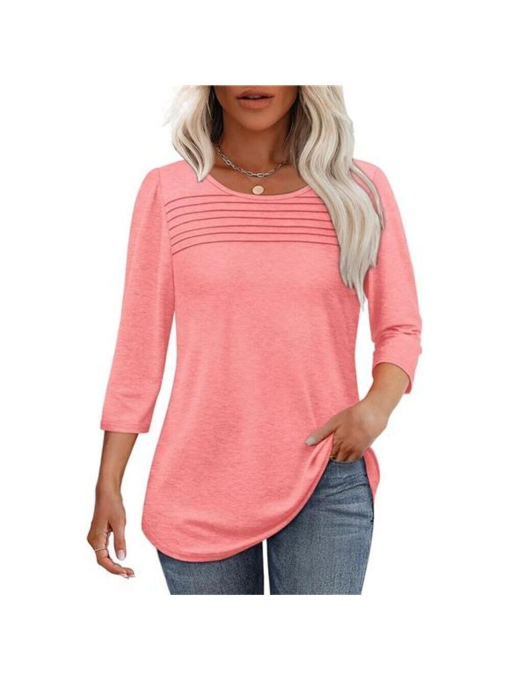 Womens 34 Sleeve Pleated Blouse Casual Dressy Tops Curved Hem Spring Summer